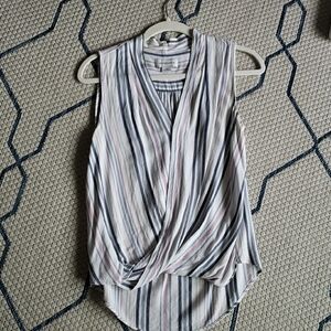 White and Gray Sleeveless Wrap Blouse